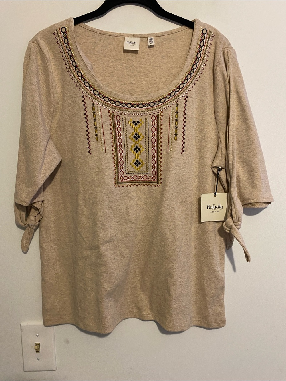 Rafaella Beige Embroidered Scoop Neck Tunic